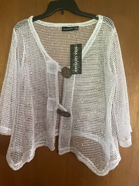 Nina Leonard White Open-Weave Crochet Button Cardigan